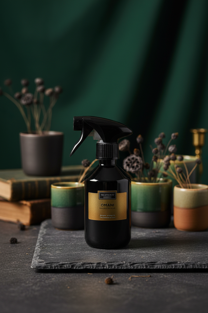 Treatments® Omani interieurspray – gestyled op donkere leisteen met bosgroen decor