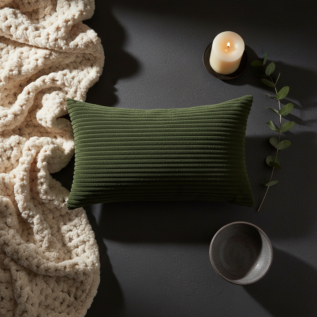 Forest green corduroy cushion flat lay with candle and eucalyptus