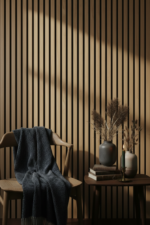 Akoestisch wandpaneel gestyled in Scandinavisch hygge interieur